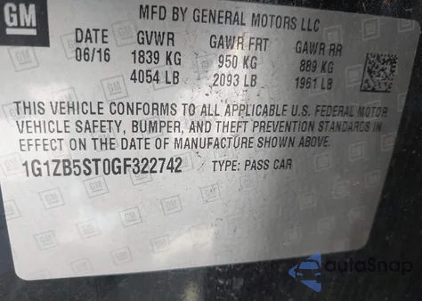 2016 Chevrolet Malibu Ls из США, поврежденный, VIN 1G1ZB5ST0GF322742